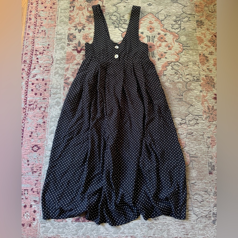 Navy polka dot overall dress.  Super cute!